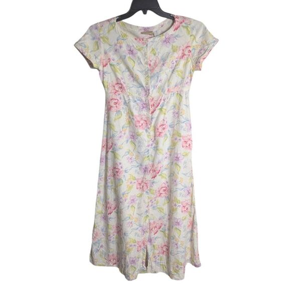 Liz Claiborne Linen Blend Cream Pink Purple Floral Short Sleeve Dress 4 - Picture 4 of 8
